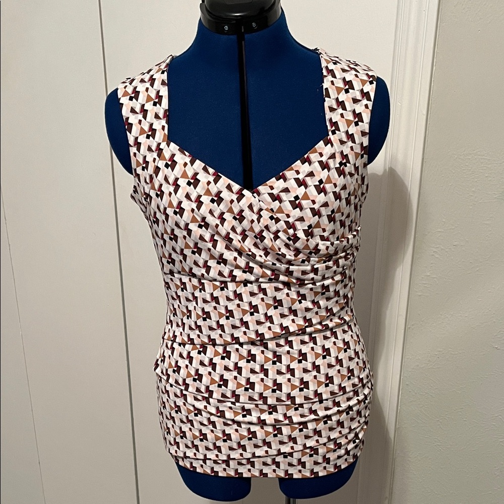 White House Black Market Multicolor Geometric Diamond Neck Top Ladies Size M - Picture 2 of 16
